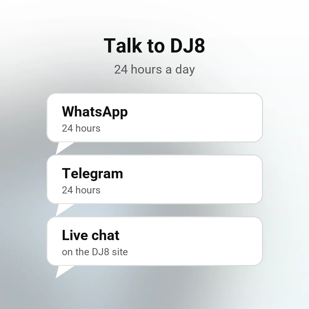 Thumbnail: Talk to DJ8 on WhatsApp and Telegram 24 hours a day, or live chat on the DJ8 site
